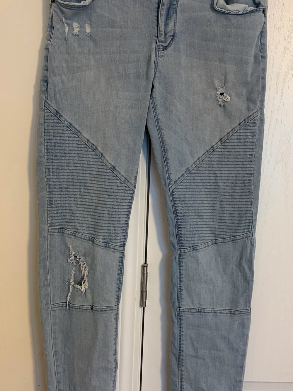 Men's Light Blue Distressed Skinny Moto Jeans